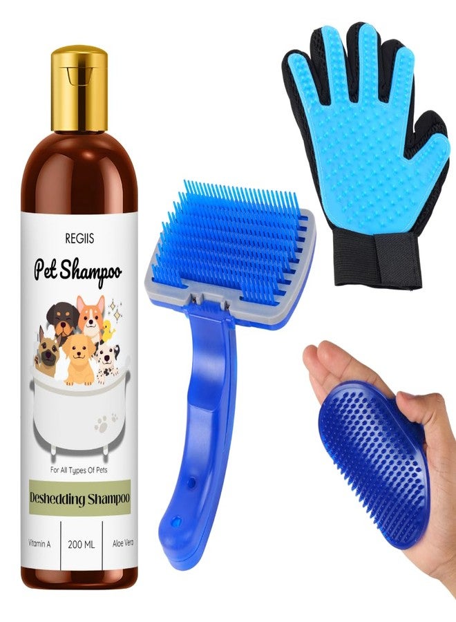 REGIIS Pet Grooming Kit with Deshedding Shampoo, Self-Cleaning Slicker Brush, Grooming Glove, Massage Brush, 200ml(Pack of 4) - Image 1